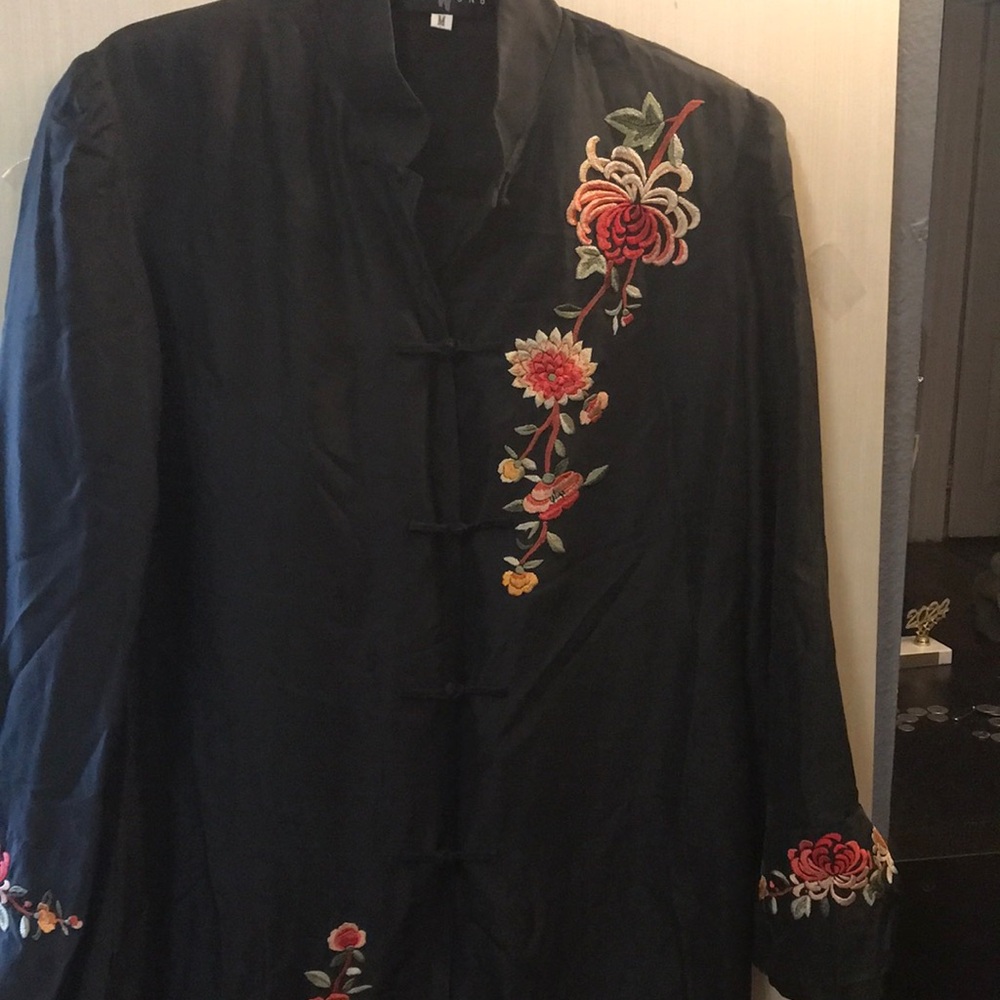 Sue Wong Embroiled Black Raw Silk Tunic Jacket
